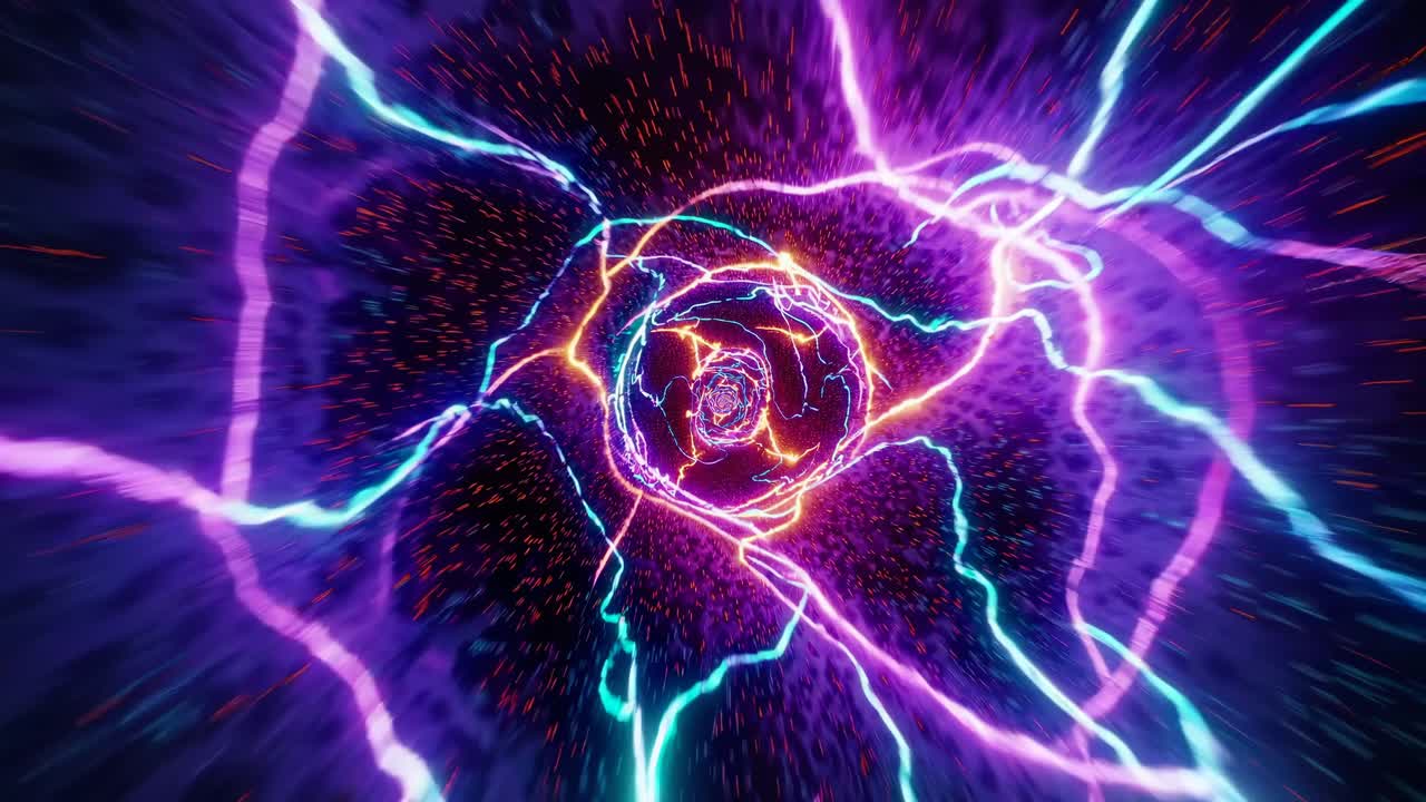 Concept video dinamico di un tunnel al neon con un'angolazione della telecamera in prima persona, caratterizzato da un blu vivace.