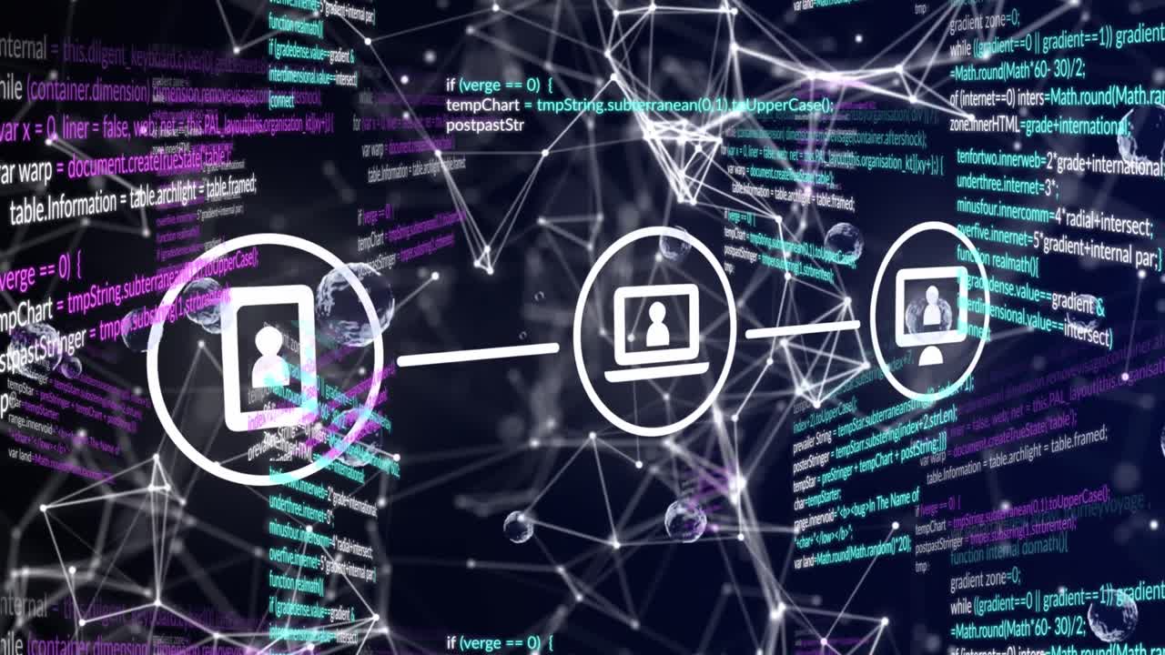 animación de la red con iconos y procesamiento de datos.