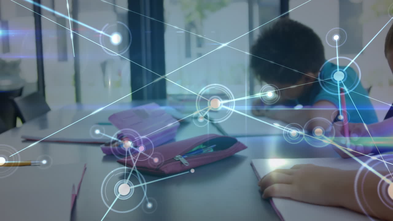 학교에서 글을 쓰는 다양한 학생들의 손을 통해 연결 네트워크의 애니메이션