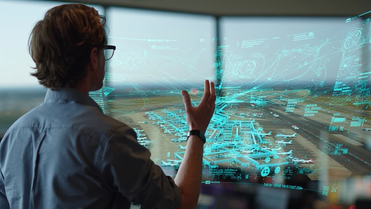 Control tower operator manages air traffic with advanced technology