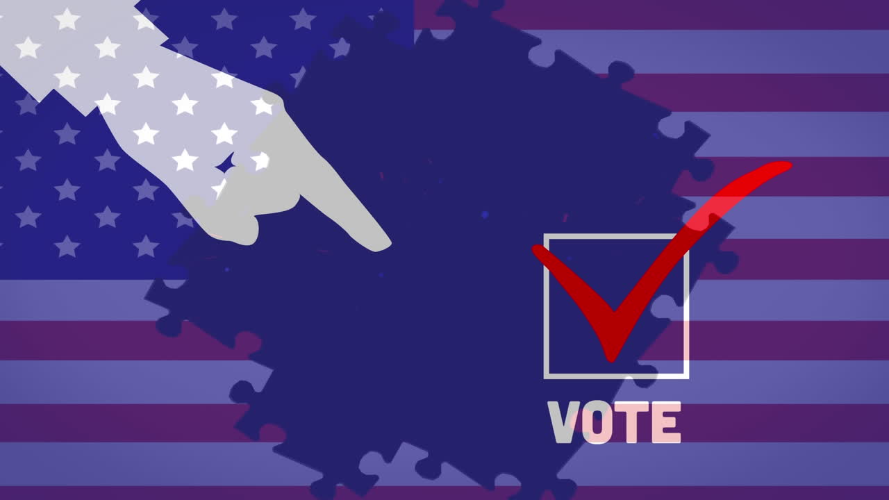 퍼즐 파이로 만든 미국  ⁇ 발 위에 틱과 단어 투표로  ⁇ 색 사각형을 가리키는 손의 애니메이션