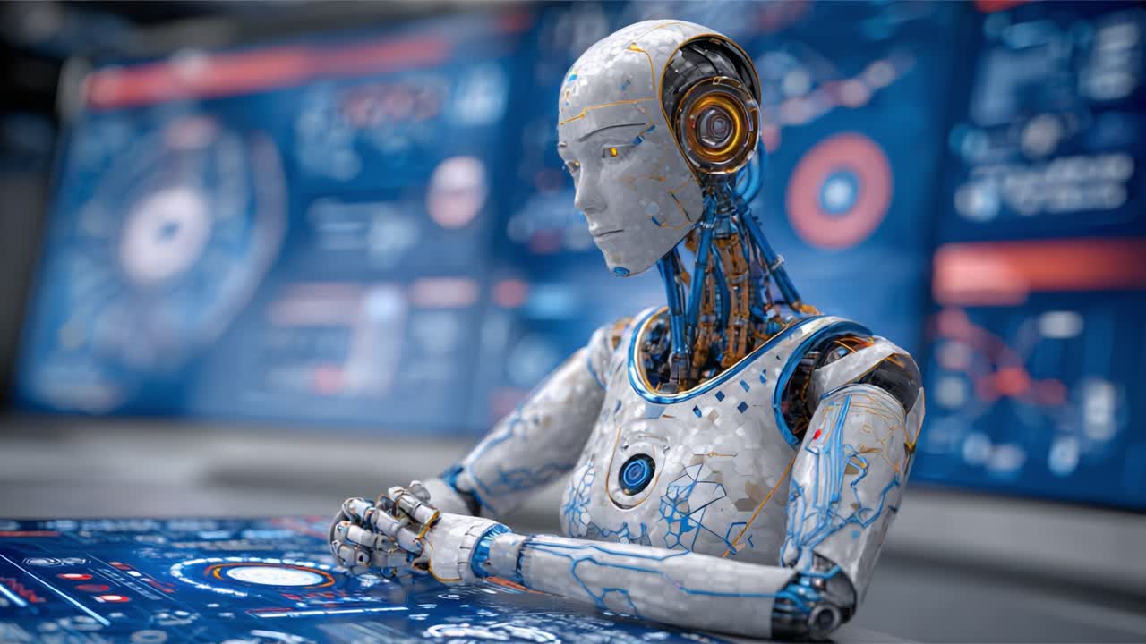 A Futuristic Robotic Figure Engaged with Advanced Digital Interfaces in a High-Tech Environment, Showcasing Interactivity and Complexity in Design and Functionality