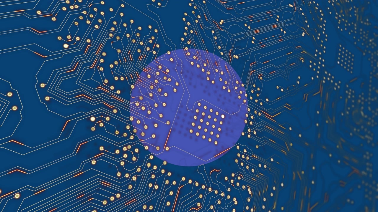 Animation av violetta punkter över en integrerad krets på blå bakgrund.