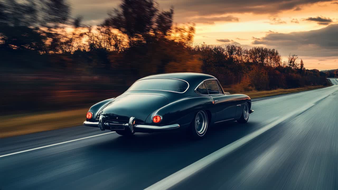 Un'auto d'epoca sfreccia su un'autostrada al tramonto, ripresa da un angolo basso