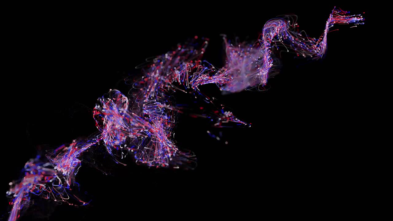 Looping red,white and blue sparks, lines, strings or fibers splashing or twirling over a black background for your text or backdrop for a concert or event