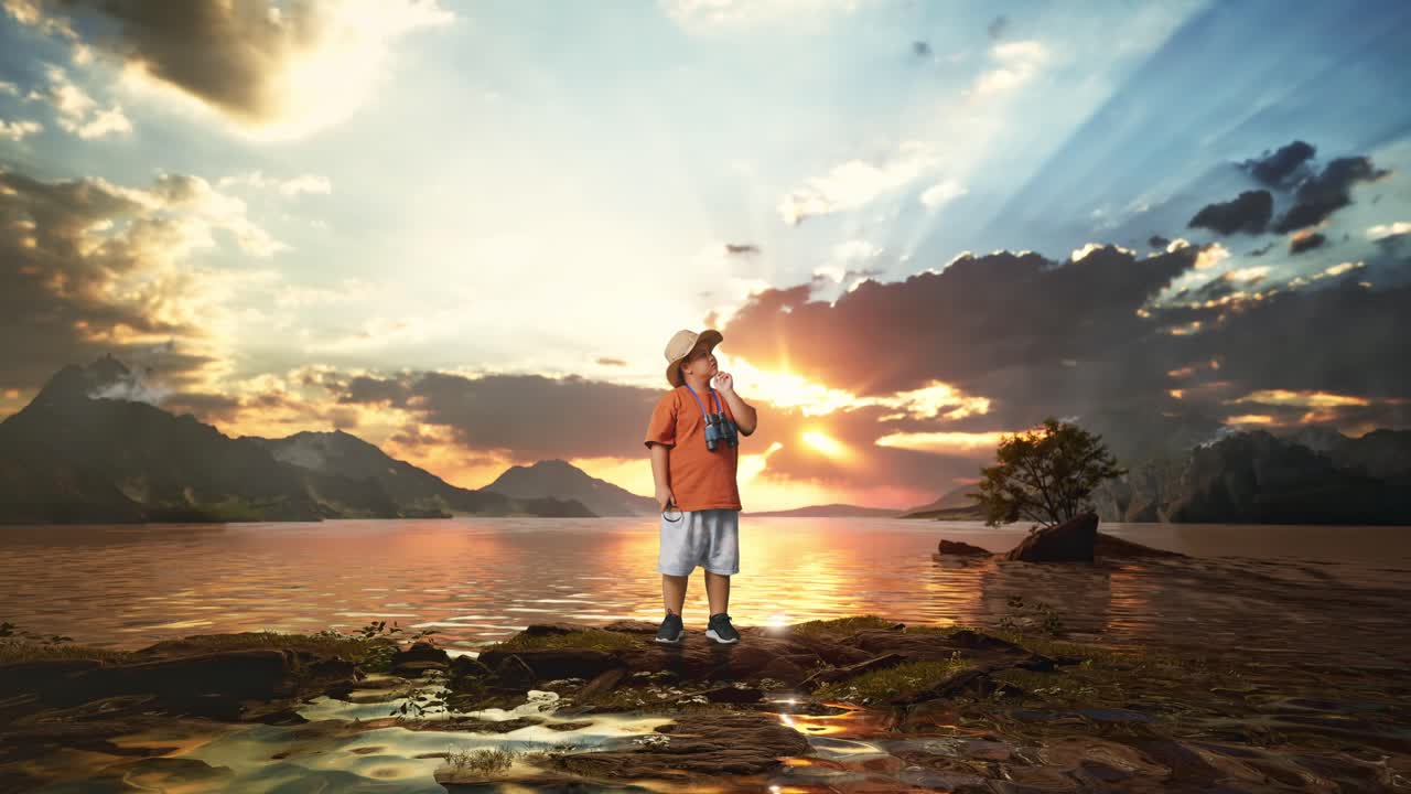 Asian Boy With A Hat, Binoculars, And Magnifying Glass Thinking About Something And Looking Around At A Lake. Boy Researcher, Travel Adventure, Full Body