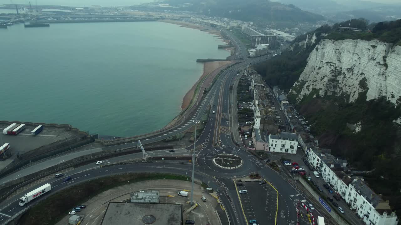 Aerial view of Dover coastline and roads