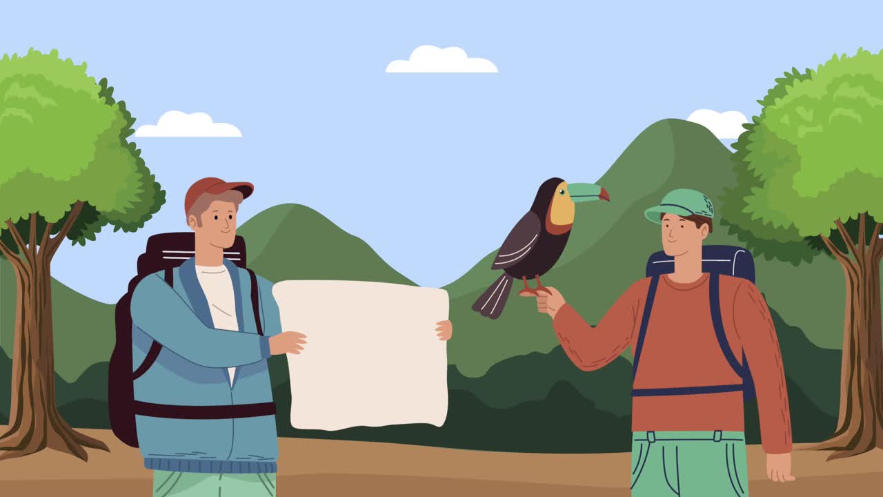 male campers with paper map and toucan characters