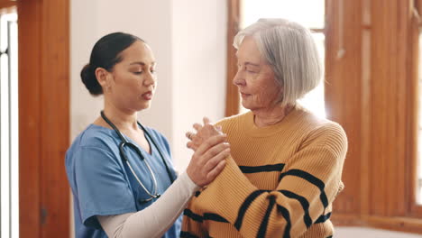 physiotherapy, nurse and senior woman stretching