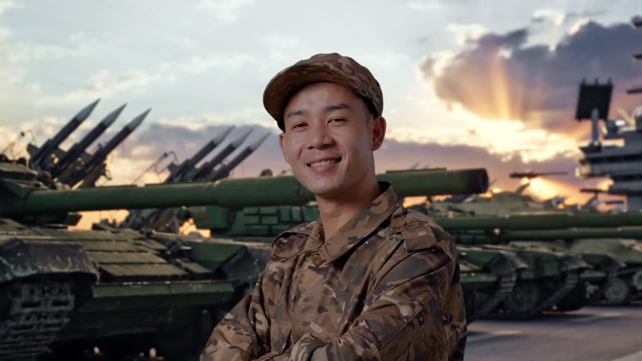 Primer plano lateral de un soldado asiático sonriendo y cruzado de brazos mientras está de pie junto a un tanque