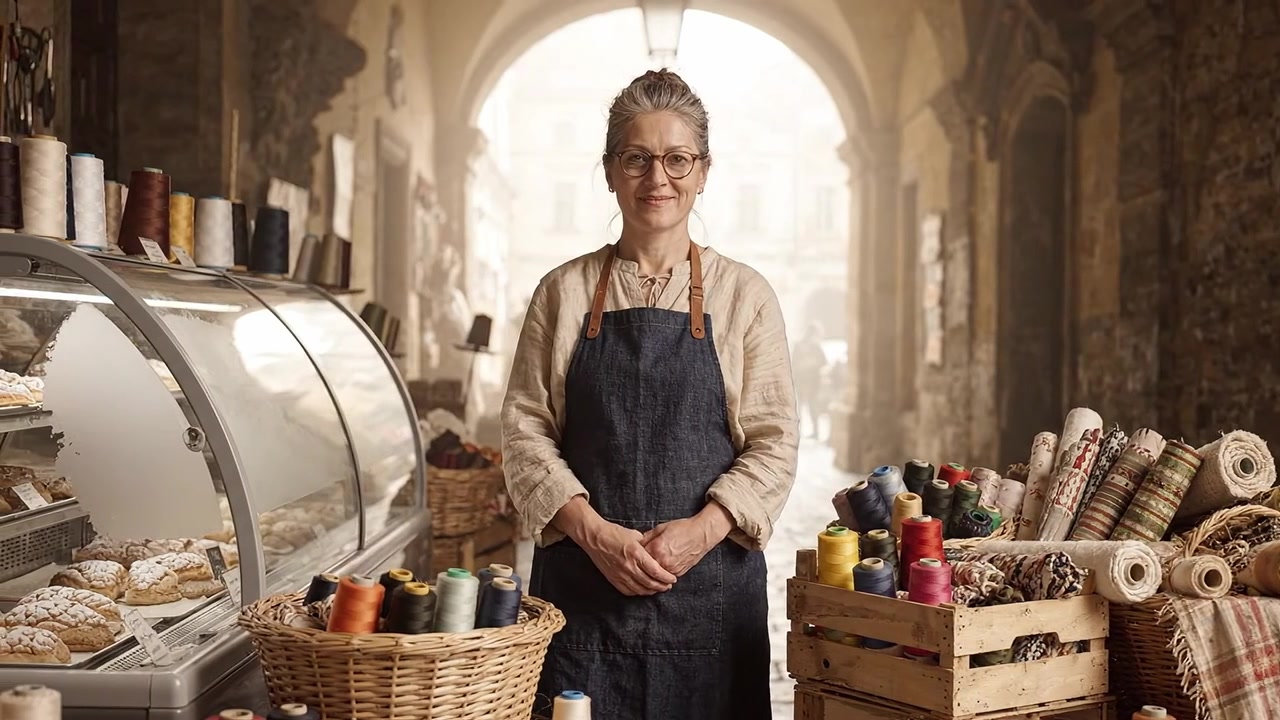 Un Orgulloso Artesano en un Pintoresco Mercado, Rodeado de Hilos Vibrantes, Textiles y Delicias Culinarias, Exhibiendo Artesanía y Arte Local.