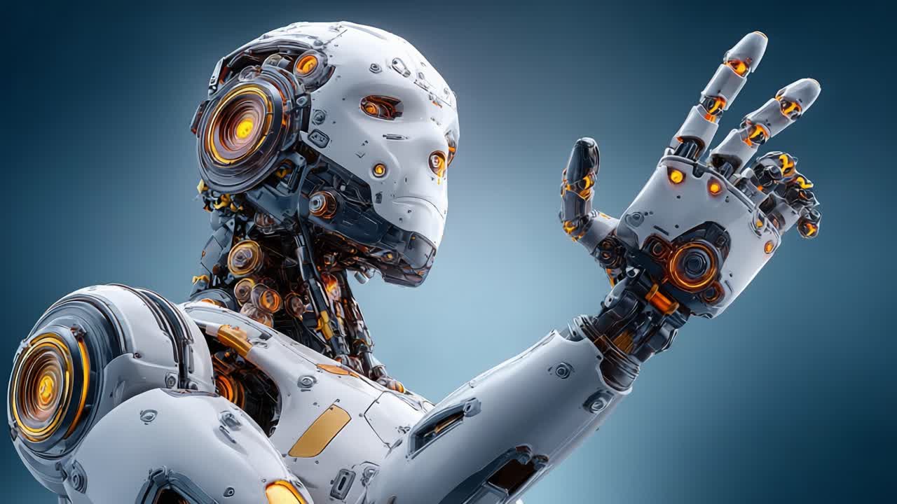 Görsel Olarak Çarpıcı Fütüristik Bir Ortamda Karmaşık Mekanik Tasarım ve El Eklemlenmesi Sergileyen Gelişmiş Bir Robotik Sistem.