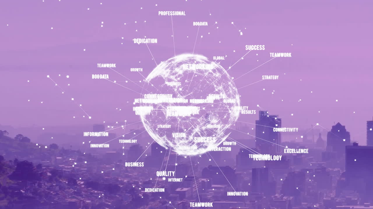 전 세계의 문헌의 애니메이션 안개가 인 현대 도시를 하늘을 향해 공중에서 볼 수 있습니다.