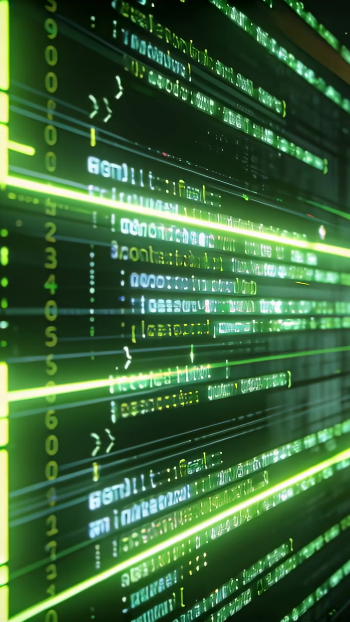Vertical video: Shifting view pushing neon code panel past wall, digit column scan lines orange dot