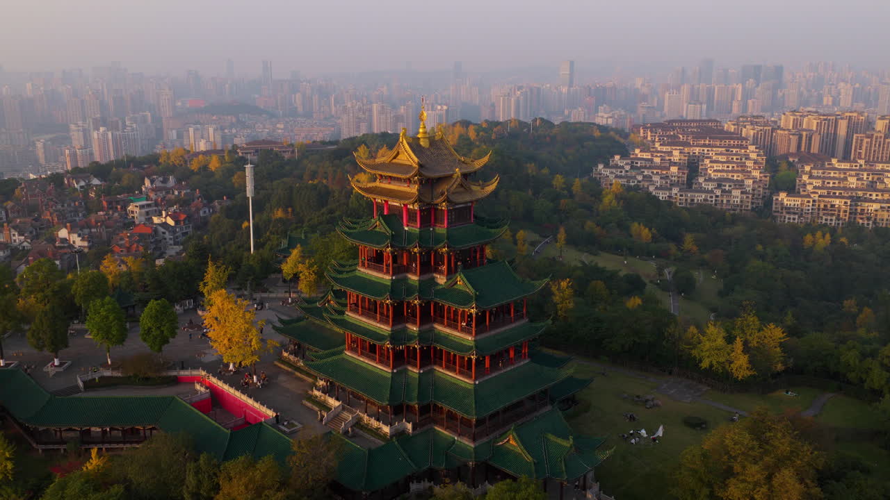 Hong'en Pavilion In Hong'ensi Forest Park In The Jiangbei District Of Chongqing, China. - aerial shot