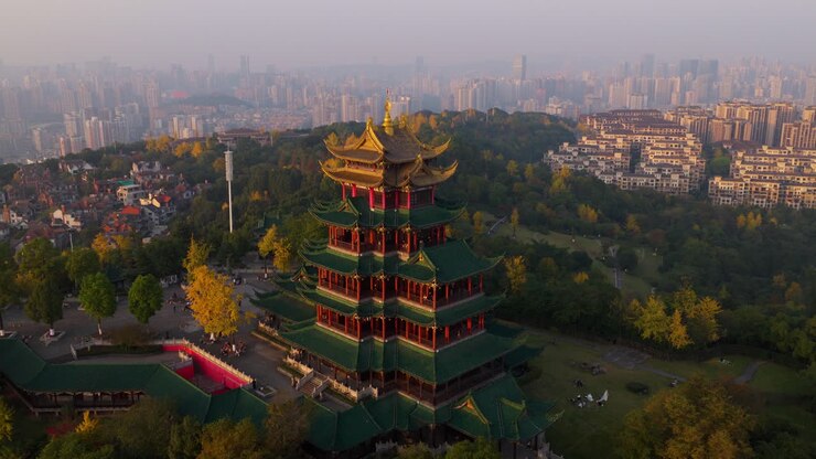 Hong'en Pavilion In Hong'ensi Forest Park In The Jiangbei District Of Chongqing, China. - aerial shot