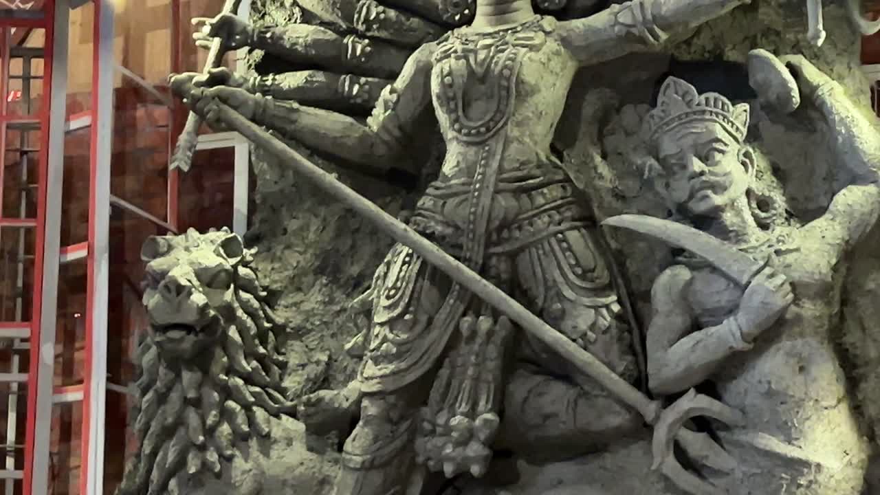 Wooden and clay goddess Durga in a pandal in Kolkata