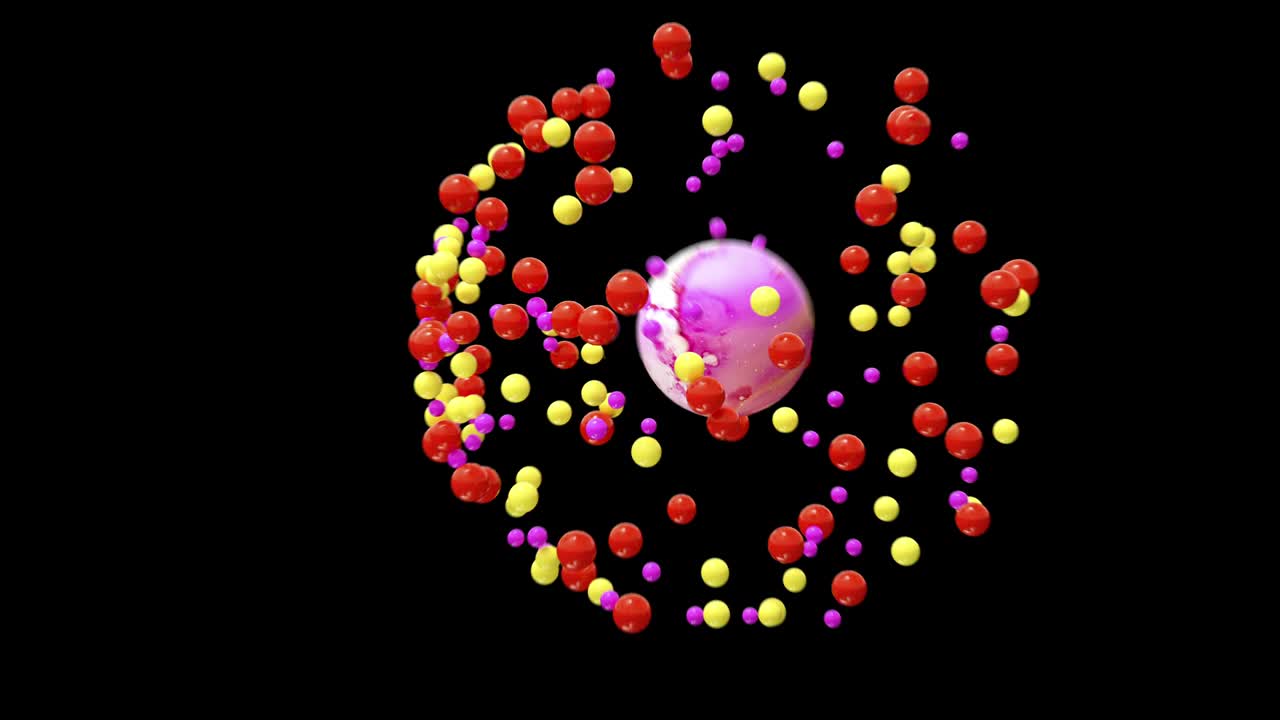 esferas abstractas rosas partículas amarillas naranjas que siguen la esfera.