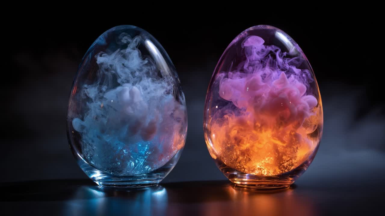 Manufatti mozzafiato mostrano vortici di fumo colorati in eleganti forme di vetro ovali, catturando un contrasto visivo dinamico e una bellezza eterea in un ambiente scuro.