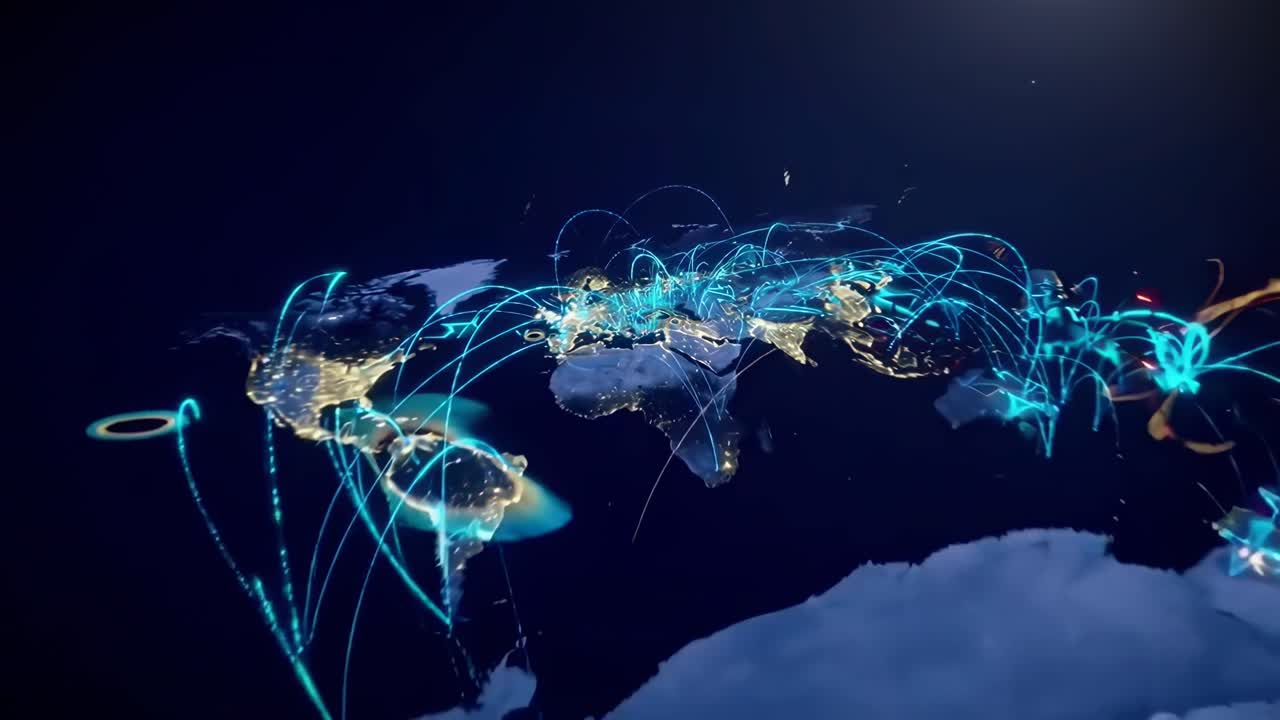 Aerial video view of global network connections over a world map, illuminated in the dark