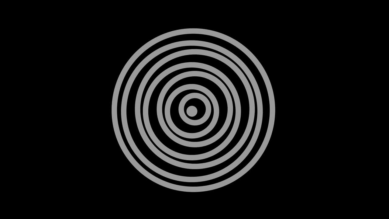 objeto gráfico en blanco y negro con efecto estroboscópico e hipnótico, que gira en el sentido de las agujas del reloj disminuyendo el tamaño de pantalla completa a desaparecer en el centro, en formato de video 16: 9