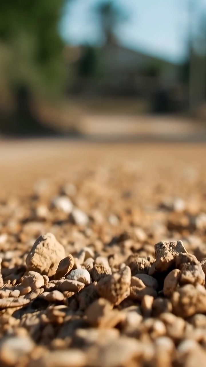 Vídeo vertical: Lente mudando o foco ao longo de uma estrada de cascalho, mostrando seixos, desfocando casa e palmeira.
