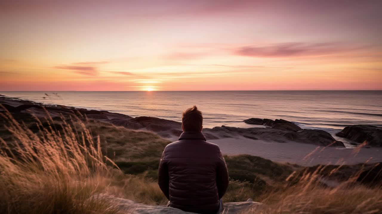 Man sitting on a grassy dune is admiring the beautiful sunset over the ocean, enjoying the peaceful atmosphere and the vibrant colors of nature