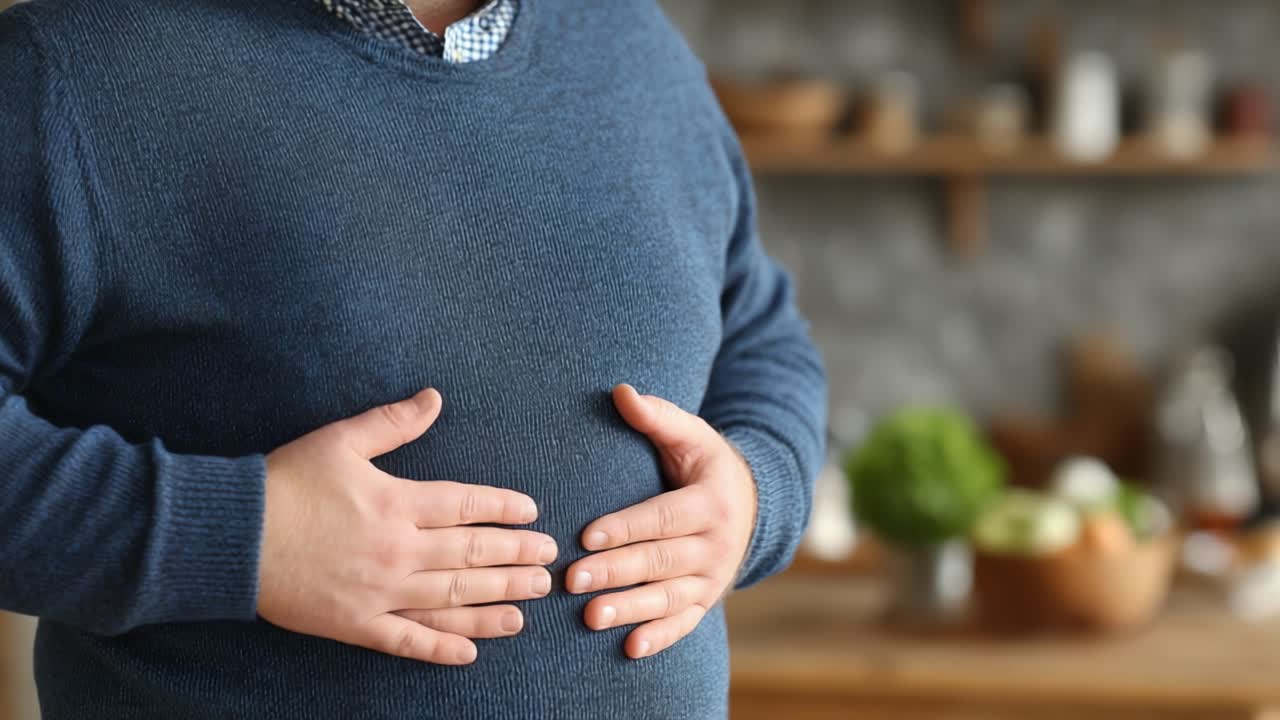 キッチンで新鮮な食材に囲まれ、不快感や満腹感を表現しながらお腹を押さえる人。食と健康のつながりを強調している