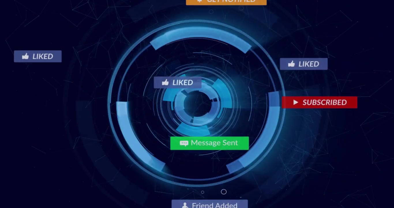 On navy-blue grid starting, circular interface spinning, pulsing and showing alerts for engagement
