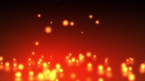 animation of out of focus multiple glowing orange balls of spots of light falling on dark red backgr