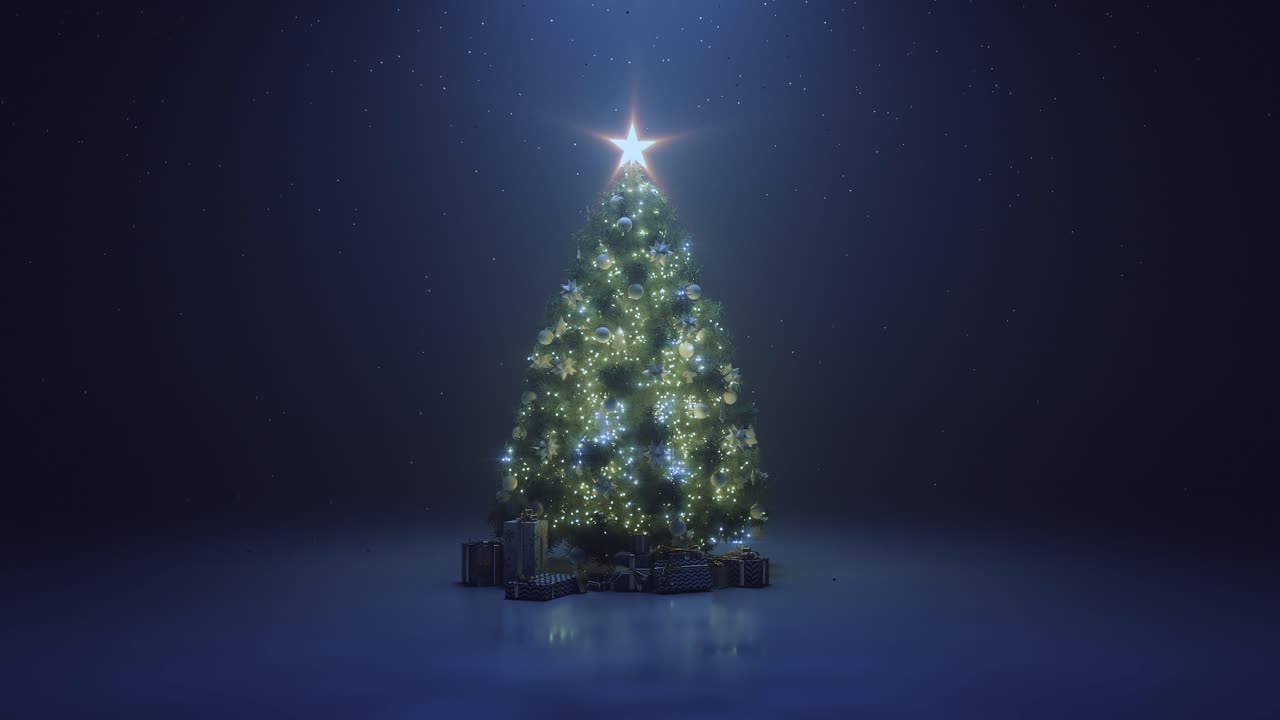 Christmas tree with a shining star and a garland in the dark with falling snow