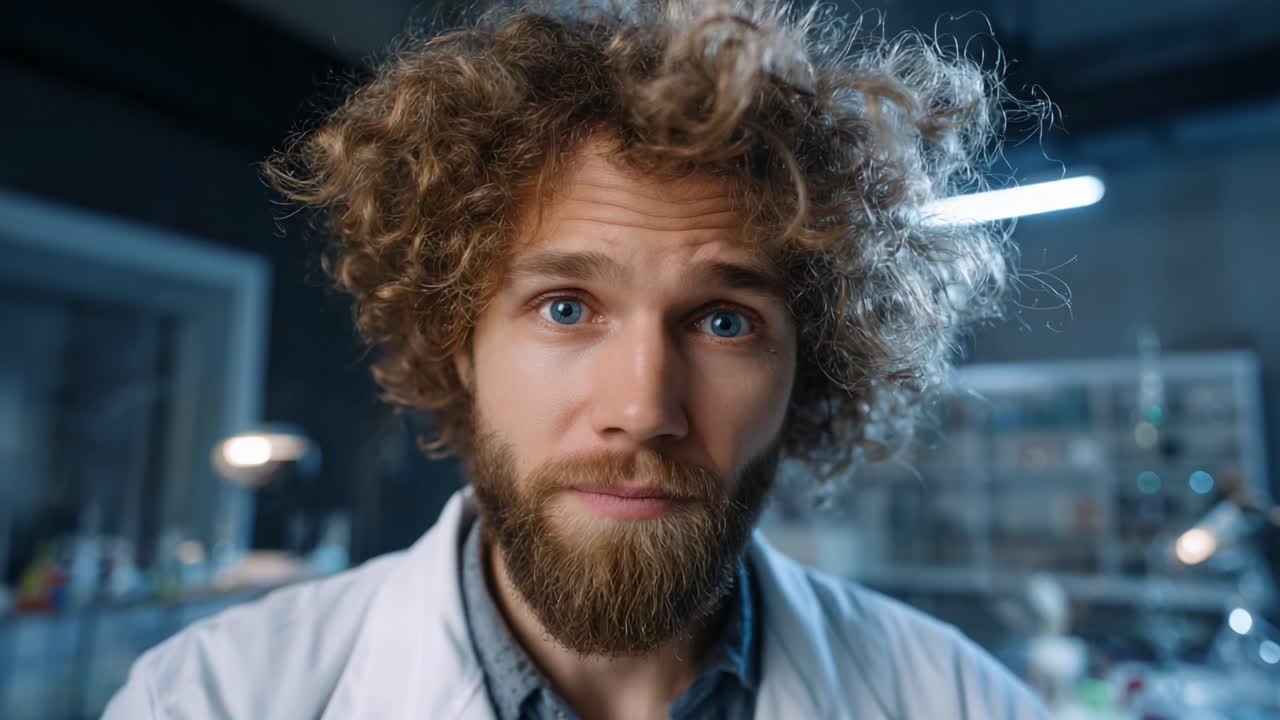En nysgerrig forsker fanget i to frames: Udforskning af følelser og fokus i en laboratorieindstilling med unikt hår og fængslende udtryk