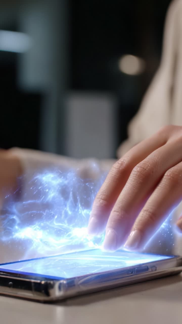 Un'interazione futuristica: mani che manipolano un display olografico luminoso che emerge da uno smartphone, unendo tecnologia e immaginazione in modo armonioso