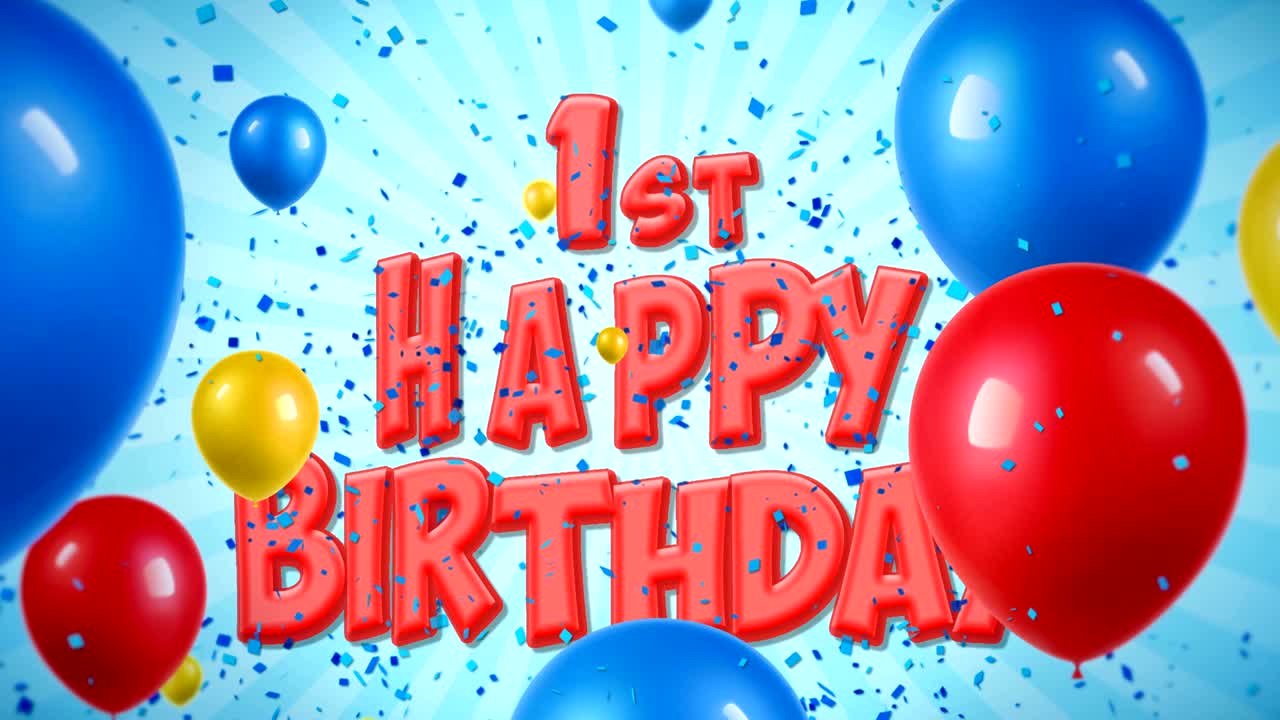 1o feliz cumpleaños texto rojo aparece en confeti popper explosiones cayendo y partículas de brillo, coloridos globos voladores animación de bucle sin fisuras para deseos saludos, fiesta, invitación, tarjeta.