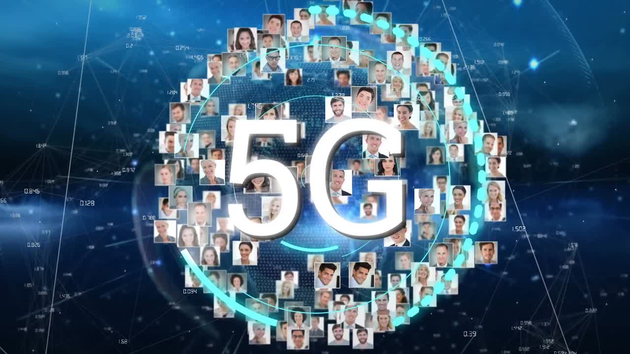 animazione di testo 5g con globo e foto rete di connessioni