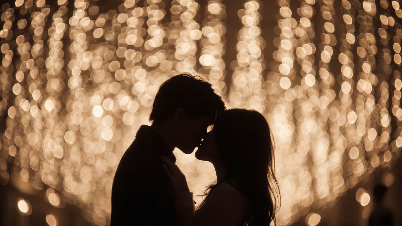 Romantic Moment Captured in Silhouette: A Couple Embracing Under a Beautiful Display of Lights, Perfect for Celebrating Love and Togetherness at Any Special Occasion
