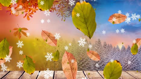 animation of christmas snowflakes and leaves falling over wooden boards and snow covered trees