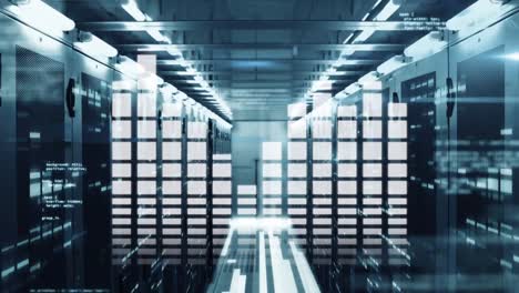 animation of data processing and moving columns over server room