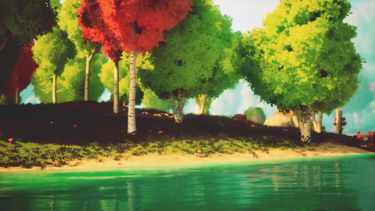 colorido bosque de dibujos animados al atardecer