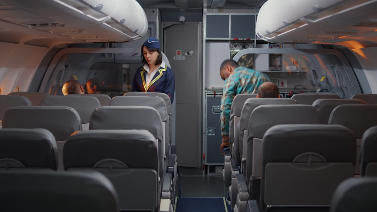 Female flight attendant talking to passengers on airplane