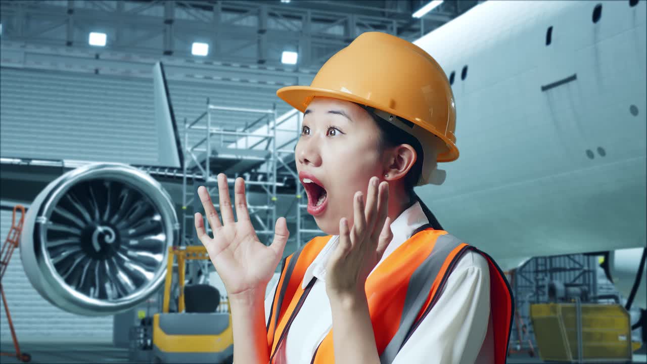 안전 헬을 입은 아시아 여성 엔지니어가 거에 있는 항공기와 함께 서서 카메라에 미소 짓고 항공기 유지 보수 중에 와우라고 말합니다.