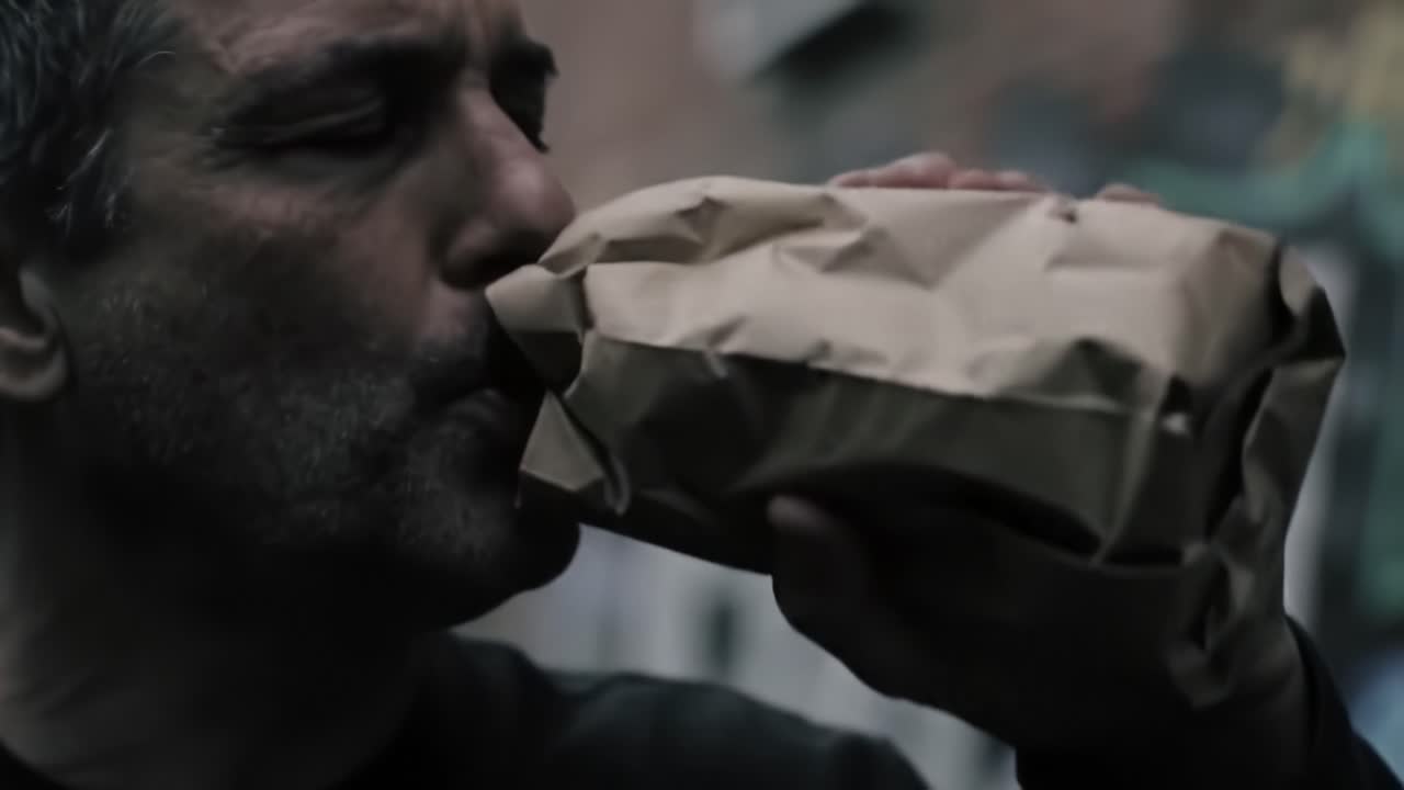 A man in a dimly lit urban environment, holding a wrapped object, demonstrates introspection and complexity as he engages in a thoughtful moment, evoking emotions of contemplation and solitude