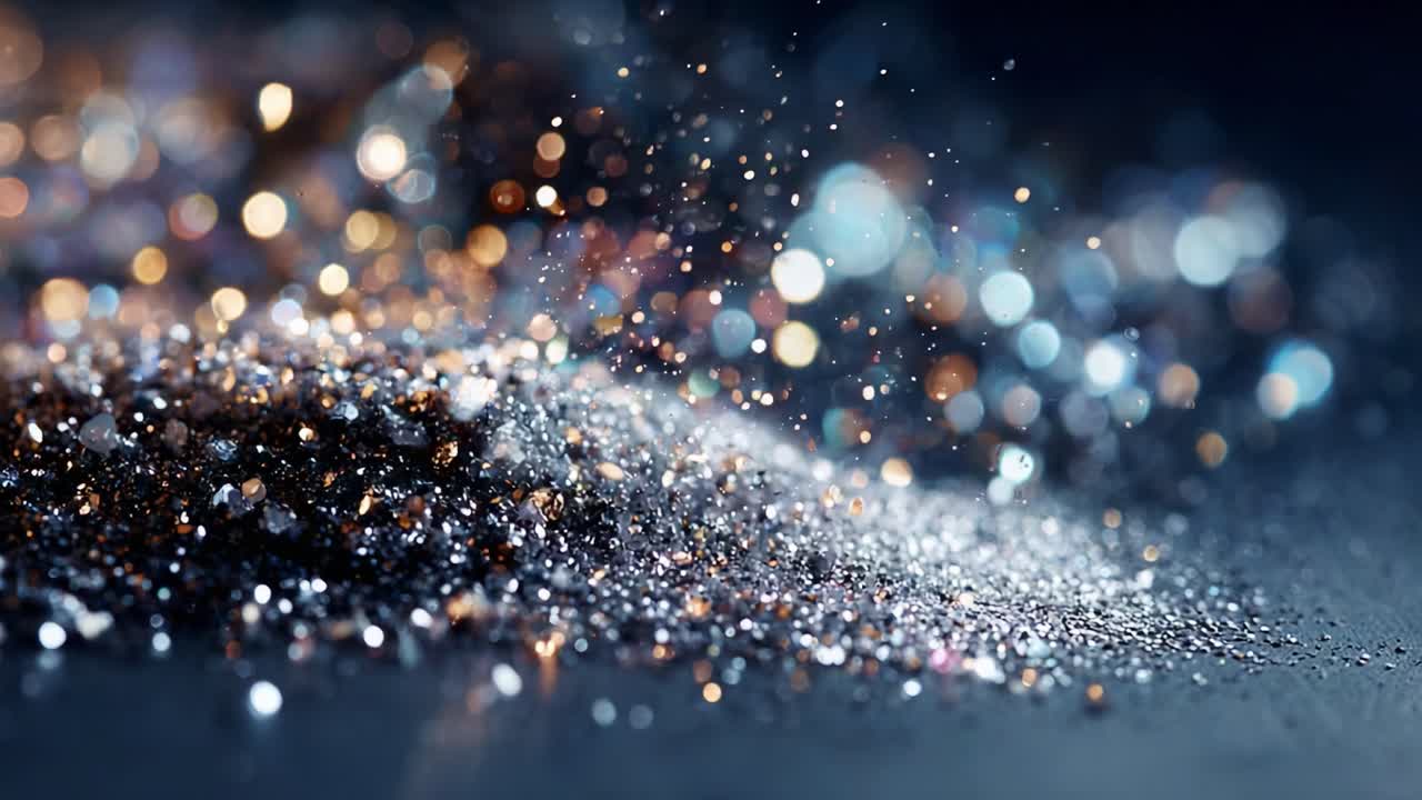 Una straordinaria immagine ravvicinata di scintillanti particelle di glitter sparse su una superficie, che cattura l'abbagliante gioco di luci e colori in un'ipnotica dimostrazione di brillantezza e bellezza