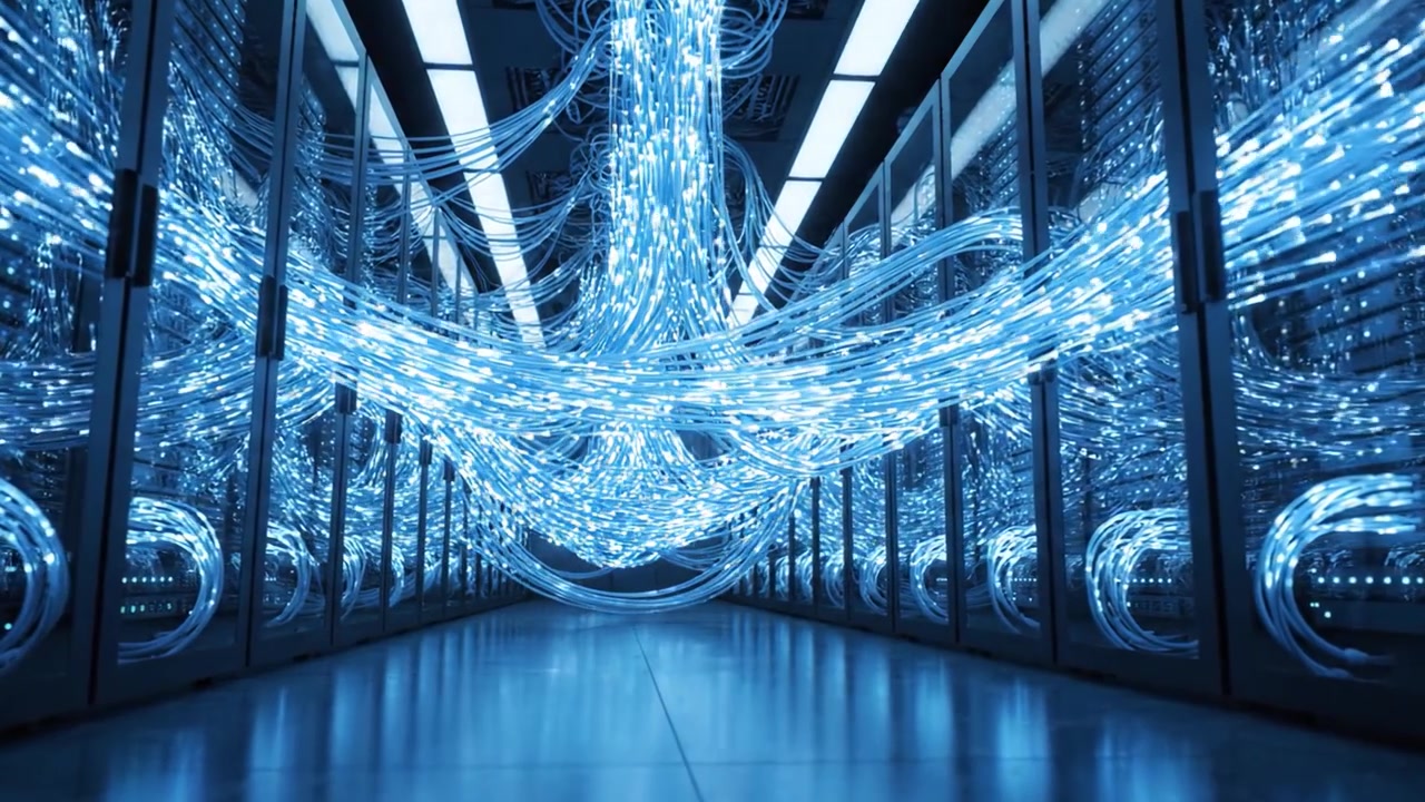 A Stunning View Inside a High-Tech Data Center Featuring Cascading Blue Fiber Optic Cables and Advanced Server Racks Illuminating the High-Speed Network Infrastructure