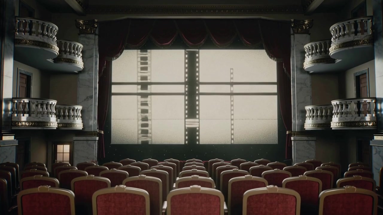 プロジェクターが起動し、赤い座席の上にある講堂のスクリーンにフィルムストリップが映し出され、フレームが調整されている。