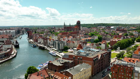 Aerial-Gdańsk,-highlighting-its-historical-architecture,-the-Motława-River,-and-bustling-waterfront