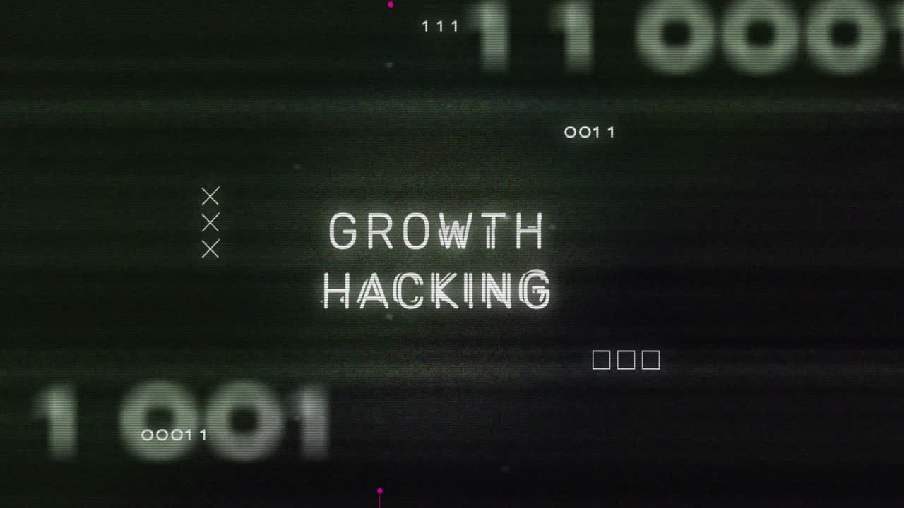 Animation of interference over growth hacking text, data processing and computer circuit board