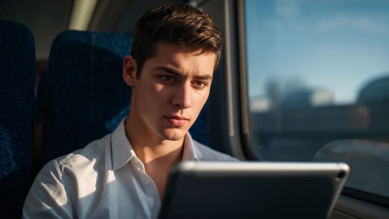 Settling into blue seat, adult man reading tablet by sunlit train window, jacket visible