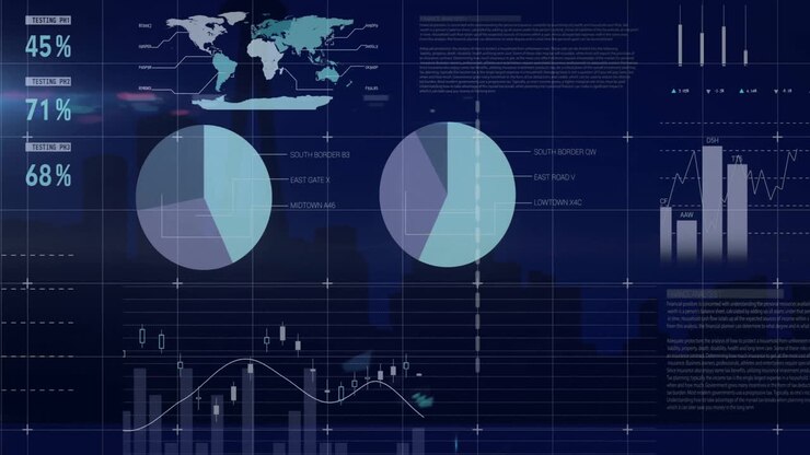Animation of data processing and diagrams over cityscape