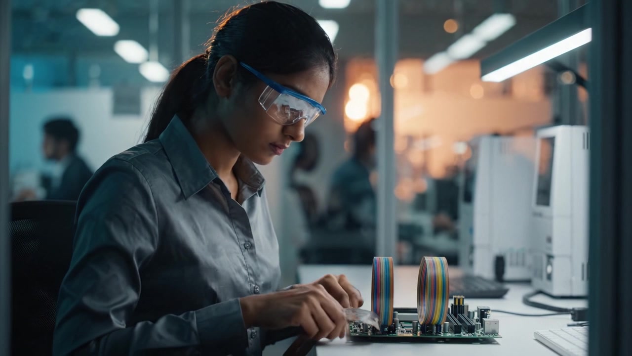 A focused engineer wearing safety glasses meticulously assembles electronic components on a circuit board in a modern technology workspace.